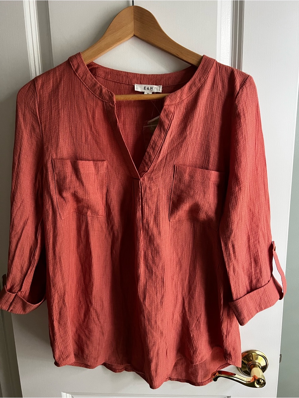 Textured Rust V-Neck Women's Blouse